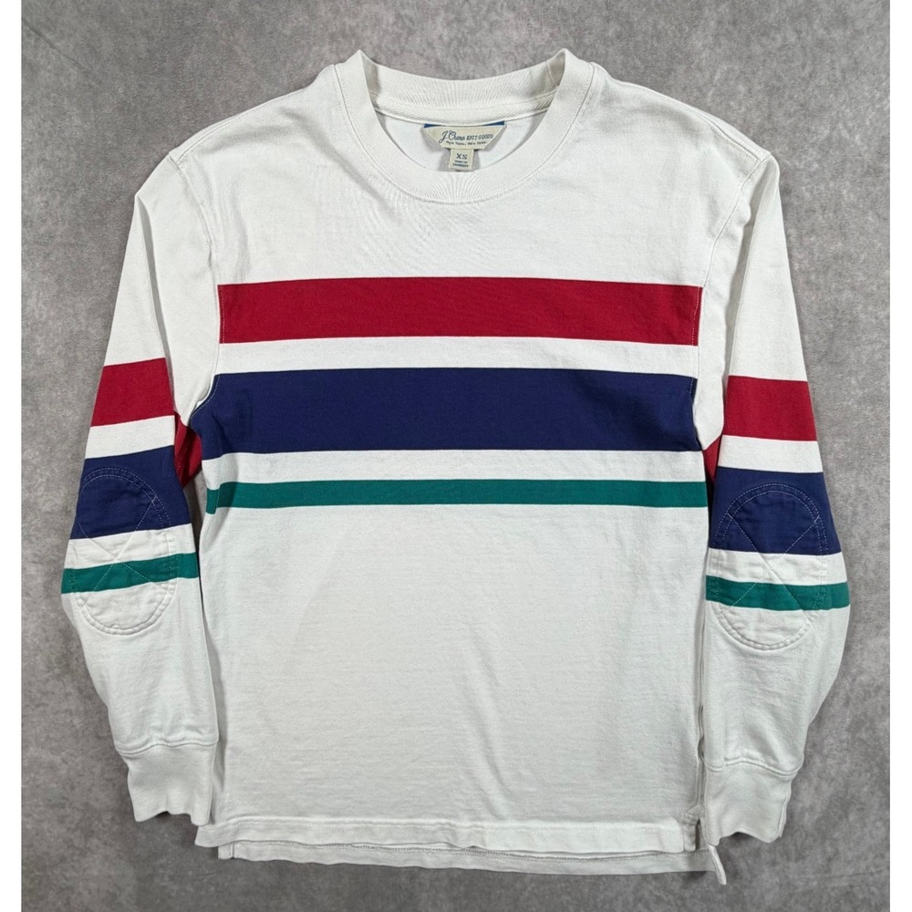 J Crew Mens XS Rugby Crewneck Shirt Cotton Stripe Long Sleeve Elbow Patches